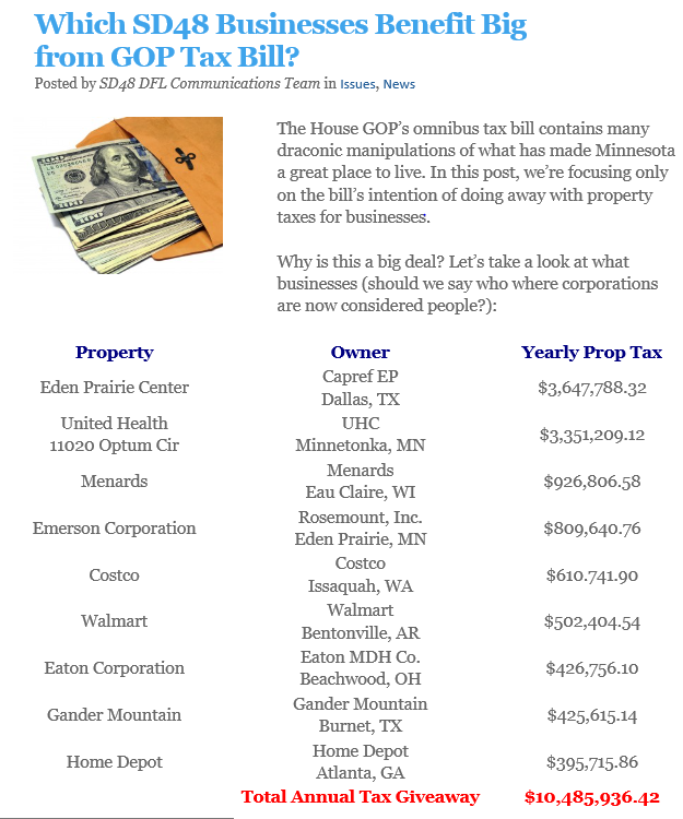 GOP property tax giveaways for big out of state corporations