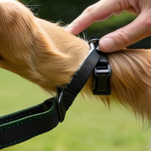 Adjusting dog harness straps to prevent painful chafing.
